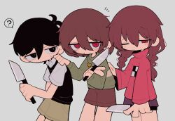 Rule 34 | 1boy, 1girl, 1other, :o, ?, antenna hair, black eyes, black hair, black sweater vest, braid, bright pupils, brown hair, brown shorts, chara (undertale), closed mouth, collared shirt, cowboy shot, crossover, double-parted bangs, green shorts, green sweater, grey background, hair behind ear, hair between eyes, hand on another&#039;s back, hand on another&#039;s shoulder, heart, heart necklace, holding, holding knife, jewelry, knife, long hair, long sleeves, looking at viewer, madotsuki, miniskirt, necklace, notice lines, omori, one eye closed, pink sweater, puffy long sleeves, puffy sleeves, purple skirt, red eyes, shiba inu (j1piwzrj8xdzywk), shirt, short hair, short sleeves, shorts, simple background, skirt, spoken question mark, striped clothes, striped sweater, sunny (omori), sweatdrop, sweater, sweater vest, turtleneck, turtleneck sweater, twin braids, undertale, v, weapon connection, white pupils, white shirt, yume nikki