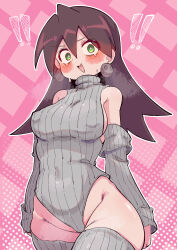 ! !! 1girl absurdres bare_shoulders blush breasts breath brown_hair buzzlyears covered_erect_nipples cowboy_shot detached_sleeves earrings green_eyes grey_sleeves grey_sweater grey_thighhighs highres jewelry leotard long_hair medium_breasts mega_man_(series) pink_background ribbed_leotard simple_background skull_earrings solo surprised sweater thighhighs tron_bonne_(mega_man)