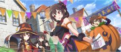 Rule 34 | 1boy, 3girls, arm up, arue (konosuba), black bow, black cape, black gloves, black hat, black wrist cuffs, blue sky, bow, breasts, cape, cleavage, cloud, crop top, day, disembodied hand, dress, drill hair, finger to own chin, fingerless gloves, fur wrist cuffs, game cg, gem, gloves, green eyes, hair bow, halloween, halloween costume, hand on own chest, hand on own chin, hat, highres, holding, holding hands, holding paper, house, jack-o&#039;-lantern, kono subarashii sekai ni shukufuku wo!, konosuba! fantastic days, lamppost, large breasts, lens flare, long hair, medium hair, megumin, midriff, multiple girls, navel, note, notice lines, official art, open mouth, orange gloves, orange skirt, outdoors, paper, parted lips, pumpkin costume, purple dress, red bow, red dress, red eyes, red gemstone, satou kazuma, searching, short hair with long locks, skirt, sky, smile, sparkle, string of flags, third-party source, town, translated, wide brim, witch hat, wrist cuffs, yunyun (konosuba)