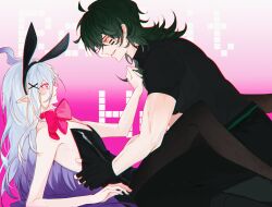 2boys adam&#039;s_apple ahoge animal_ear_hairband animal_ears bare_arms bare_shoulders black_gloves black_hairband black_leotard black_pants black_shirt blue_hair bow bowtie chinese_commentary chromatic_aberration commentary_request eye_contact fake_animal_ears feet_out_of_frame fingerless_gloves flipped_hair from_side gatling_pea_(plants_vs_zombies) gloves gradient_hair green_hair hair_between_eyes hair_ornament hairband hand_up highres knees_up leotard long_hair looking_at_another male_focus multicolored_hair multiple_boys muscular muscular_male pants parted_lips personification pink_background pink_bow pink_bowtie pink_eyes plants_vs._zombies plants_vs._zombies_2 playboy_bunny pointy_ears profile purple_hair rabbit_ear_hairband rabbit_ears rabbit_hole_(vocaloid) scar scar_on_arm shadow_peashooter_(plants_vs_zombies) shirt sidelocks siiiiiiiiiii simple_background size_difference skinny smile song_name strapless strapless_leotard two-tone_hair very_long_hair x_hair_ornament yaoi yellow_eyes