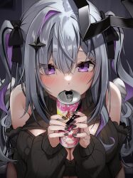 1girl absurdres amane_konata angel_wings bare_shoulders black_bow black_halo black_nails black_sweater blush bow breasts can cleavage cleavage_cutout clothing_cutout commentary drink_can fingernails grey_hair hair_between_eyes hair_bow hair_ornament halo highres holding holding_can hololive large_breasts long_hair long_sleeves looking_at_viewer meme_attire micon nail_polish puffy_long_sleeves puffy_sleeves purple_hair purple_streaks single_hair_intake solo sweater symbol-only_commentary turtleneck turtleneck_sweater two_side_up virgin_killer_sweater virtual_youtuber wings