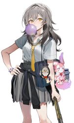 1girl alternate_costume bag baseball_bat blowing_bubble_gum breasts character_doll chewing_gum clockie_(honkai:_star_rail) clothes_around_waist commentary_request doll grey_hair grey_skirt highres holding holding_baseball_bat honkai:_star_rail honkai_(series) kawachi_rin long_hair medium_breasts mem_(honkai:_star_rail) necktie pleated_skirt school_uniform shirt shoulder_bag simple_background skirt solo stelle_(honkai:_star_rail) sweater sweater_around_waist trailblazer_(honkai:_star_rail) white_background white_shirt yellow_eyes yellow_necktie