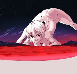 1girl absurdres ass ayanami_rei bent_over breasts crazy_smile curvy empty_eyes the_end_of_evangelion flexible giant giantess highres jack-o&#039;_challenge lilith_(ayanami_rei) medium_breasts meme neon_genesis_evangelion night night_sky no_humans nude parody red_eyes sky smile solo spread_legs stretching top-down_bottom-up water what wide_spread_legs