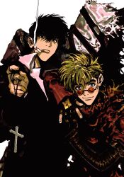 2boys absurdres black_eyes black_gloves black_hair black_jacket blonde_hair cigarette closed_mouth collared_shirt cowboy_shot cross cross_necklace earrings glasses gloves hand_up highres holding holding_jewelry holding_necklace jacket jewelry large_cross male_focus mole mole_under_eye mouth_hold multiple_boys my_nameisyoon necklace orange-tinted_eyewear partially_fingerless_gloves red_jacket round_eyewear shirt short_hair single_earring smile smoking standing tinted_eyewear trigun vash_the_stampede white_background white_shirt
