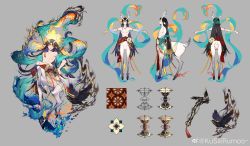 1boy absurdres animal_ears antlers black_hair centaur reference_sheet completely_nude costume_request deer_ears deer_tail eyeshadow facial_mark forehead_mark full_body haro_(kusiiirumoo) highres horns instrument_request long_hair makeup male_focus monster_boy multicolored_hair multiple_views mythology nude onmyoji original purple_hair red_eyeshadow reindeer_antlers skinny tagme tail taur two-tone_hair