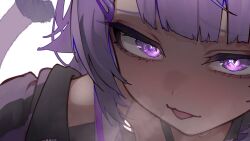 Rule 34 | 1girl, cat girl, cat tail, close-up, highres, hololive, medium hair, nekomata okayu, nekomata okayu (personya respect), purple eyes, purple hair, purple tail, sauce darusungi, shaded face, simple background, solo, tail, thumbnail collage, tongue, tongue out, virtual youtuber, white background