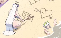 1boy 1girl 1other arrow_through_heart ass black_halo buried butter_sugoi drawing_on_sand expressionless green_horns halo high_heels highres holding holding_stick horns long_hair one-piece_swimsuit original purple_hair shore squatting stick strapless strapless_one-piece_swimsuit swimsuit thighs very_long_hair white_eyes white_hair white_one-piece_swimsuit