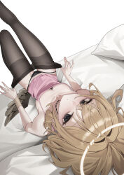 1girl angel bare_shoulders black_panties black_pantyhose blonde_hair breasts cleavage collarbone fallen_angel green_eyes halo highres leg_up long_hair lying mansu_(user_pnmp4287) on_back original panties pantyhose pink_shirt shirt small_breasts solo underwear