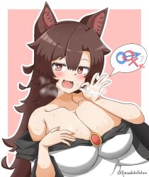 1girl :d animal_ear_fluff animal_ears blush breasts brown_hair commentary dress fang fellatio_gesture heart heart-shaped_pupils heart_hands heart_in_heart_hands imaizumi_kagerou interlocked_mars_and_venus_symbols large_breasts long_hair long_sleeves looking_at_viewer mars_symbol off-shoulder_dress off_shoulder open_mouth pink_background red_brooch simple_background skin_fang smile solo symbol-only_commentary symbol-shaped_pupils touhou two-tone_background upper_body venus_symbol white_background white_dress wolf_ears wolf_girl yamabikoyahoo