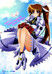 1girl absurdres birthday blue_eyes blush bouquet breasts brown_hair closed_mouth dated flower full_body hair_ribbon happy_birthday highres holding holding_bouquet large_breasts long_hair looking_at_viewer lyrical_nanoha magical_girl mahou_shoujo_lyrical_nanoha_strikers ponytail raising_heart raising_heart_(standby_mode) rappasan05 ribbon shiny_skin sky smile takamachi_nanoha takamachi_nanoha_(exceed_mode)