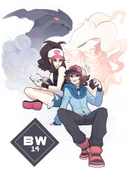 1boy 1girl anniversary antenna_hair baseball_cap blue_eyes blue_jacket brown_eyes brown_hair denim denim_shorts exposed_pocket gen_5_pokemon handheld_game_console hat highres hilbert_(pokemon) hilda_(pokemon) holding holding_handheld_game_console jacket legendary_pokemon looking_at_another nintendo nintendo_ds nuumigranate pokemon pokemon_(creature) pokemon_bw reshiram shorts sitting smile tongue tongue_out xtransceiver zekrom