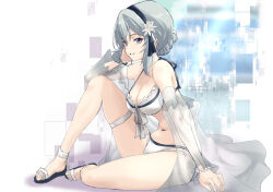1girl ankle_ribbon arm_at_side assault_lily bare_legs bare_shoulders bikini black_hairband black_sandals bow_hairband bracelet breasts cleavage commentary_request flower frilled_bikini frills from_side front-tie_bikini_top front-tie_top full_body grey_hair grey_sandals grin hair_between_eyes hair_bun hair_flower hair_ornament hair_ribbon hairband halterneck hand_on_own_cheek hand_on_own_face hand_up hata_matsuri highres jewelry knee_up large_breasts leg_ribbon long_sleeves looking_ahead navel off_shoulder official_alternate_costume official_alternate_hairstyle open_clothes open_shirt parted_lips pearl_bracelet purple_eyes rectangle ribbon sandals see-through_clothes see-through_shirt shirt short_hair sidelocks single_hair_bun sitting smile solo stomach swimsuit swimsuit_cover-up two-tone_sandals urutsu_sahari white_background white_bikini white_flower white_ribbon