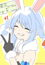 Rule 34 | 1girl, ^ ^, animal ear fluff, animal ears, bare shoulders, black gloves, black leotard, blue hair, blush, braid, closed eyes, commentary request, don-chan (usada pekora), facing viewer, fur-trimmed gloves, fur trim, gloves, grin, hair between eyes, hand up, highres, hololive, kiritoma, leotard, multicolored hair, outline, rabbit ears, short eyebrows, signature, smile, solo, strapless, strapless leotard, thick eyebrows, translation request, twin braids, twintails, two-tone hair, upper body, usada pekora, usada pekora (1st costume), v, virtual youtuber, white hair, white outline, yellow background