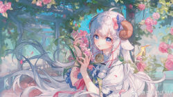Rule 34 | 1girl, absurdres, animal ears, argyle clothes, argyle vest, bell, blue bow, blue eyes, blue nails, blue sky, blue vest, blunt tresses, bow, brown horns, check copyright, chinese commentary, cloud, collar, commentary request, copyright request, curled horns, detached collar, eyelashes, flower, frilled sleeves, frills, hair ribbon, highres, holding, holding flower, horns, light particles, lips, long hair, looking at viewer, maccha (mochancc), multiple girls, nail polish, neck bell, original, parted lips, path, pavilion, petals, pink bow, pink flower, pink lips, pink ribbon, pink rose, puffy short sleeves, puffy sleeves, railing, ribbon, road, rose, sheep ears, sheep girl, sheep horns, shirt, short sleeves, sidelocks, sky, solo, teeth, tress ribbon, upper body, vest, watermark, weibo watermark, white collar, white hair, white shirt