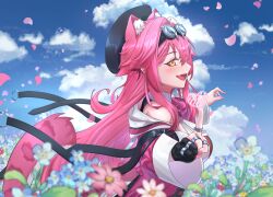 Rule 34 | 1girl, absurdres, animal ears, beret, black gloves, black hat, blue flower, blush, breasts, cloud, cloudy sky, coat, commentary, day, english commentary, eyeshadow, fang, fingernails, flower, gloves, goggles, goggles on head, hair intakes, half gloves, hat, highres, hololive, hololive english, index finger raised, jininwop, large breasts, long hair, long sleeves, makeup, multicolored hair, nail polish, open mouth, outdoors, panther ears, panther girl, panther tail, petals, pink coat, pink eyeshadow, pink flower, pink hair, pink nails, purple flower, raora panthera, raora panthera (1st costume), shirt, skin fang, sky, smile, solo focus, streaked hair, tail, two-tone hair, virtual youtuber, white hair, white shirt, yellow eyes
