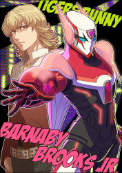 10s 2boys barnaby_brooks_jr. blonde_hair dual_persona enmto glasses glowing green_eyes jacket jewelry male_focus multiple_boys necklace neon_trim outstretched_arm red_jacket superhero_costume tiger_&amp;_bunny