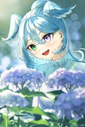 1girl :d blue_hair blurry blush bokeh breasts commentary cross-shaped_pupils depth_of_field earrings elira_pendora english_commentary flower green_eyes head_wings heterochromia highres hydrangea jewelry large_breasts long_hair nagu_o000 nijisanji nijisanji_en open_mouth purple_eyes smile solo symbol-shaped_pupils twitter_username virtual_youtuber wings