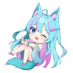 1girl :d ahoge animal_ear_fluff animal_ears aqua_hair aqua_tail armpit_crease bare_legs bare_shoulders blue_dress blue_eyes blue_wrist_cuffs chibi colored_inner_hair commentary diamond_hair_ornament dress english_commentary fang frilled_wrist_cuffs frills full_body highres indie_virtual_youtuber kaxukin knees_up light_blush long_hair muffinz multicolored_hair one_eye_closed open_hands open_mouth outstretched_arms pink_hair pink_sandals sandals second-party_source simple_background smile solo streaked_hair tail two-tone_hair very_long_hair virtual_youtuber white_background wolf_ears wolf_girl wolf_tail wrist_cuffs