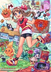 1boy 1girl :d akuo armaldo artist_name badge badge_(pokemon) balance_badge bandana bike_shorts black_gloves black_shorts black_socks blue_eyes box_art brown_hair castform castform_(sunny) commentary dive_ball duskull dynamo_badge english_commentary fanny_pack feather_badge forest full_body game_boy_advance game_link_cable gen_3_pokemon gloves groudon handheld_game_console heat_badge knuckle_badge latios legendary_pokemon looking_at_viewer luxury_ball mawile may_(pokemon) mind_badge nature nest_ball net_ball nintendo open_mouth plant poke_ball pokemon pokemon_(creature) pokemon_gym pokemon_rse potted_plant premier_ball rain_badge red_bandana red_shirt repeat_ball secret_base_(pokemon) seedot shirt short_hair short_sleeves shorts smile socks solrock standing standing_on_one_leg steven_stone stone_badge teeth tent timer_ball torchic two-tone_gloves upper_teeth_only white_gloves zangoose