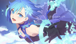 1girl bare_shoulders black_dress black_gloves blue_dress blue_eyes blue_flower blue_hair blush breasts c.i.e.l_(fate) ciel_(tsukihime) commentary_request dress elbow_gloves fate/grand_order fate_(series) floating_hair flower gloves hair_flower hair_ornament highres looking_at_viewer official_alternate_costume reaching reaching_towards_viewer short_hair sleeveless sleeveless_dress small_breasts smile solo star_ciel_(fate) tsukihime tsukihime_(remake) twitter_username two-tone_dress yu_sakae