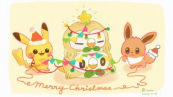 Rule 34 | :3, = =, artist name, christmas lights, closed eyes, closed mouth, clothed pokemon, commentary request, dated, dot nose, eevee, electricity, english text, gen 1 pokemon, gen 7 pokemon, hat, hat on tail, lying, merry christmas, nintendo, no humans, on stomach, open mouth, pikachu, pokemon, pokemon (creature), pokemon focus, red hat, rowlet, santa hat, shibuzoh, simple background, smile, star (symbol)
