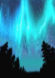 Rule 34 | aurora, blue sky, forest, from below, glowing, highres, hisachan55cute, nature, night, no humans, original, pixel art, scenery, silhouette, sky, star (sky), starry sky, tree