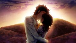 1boy 1girl adam&#039;s_apple black_hair black_sailor_collar black_trim blush bob_cut closed_eyes cloud cloudy_sky coat couple facing_another facing_down game_cg height_difference hetero highres hill holding holding_star hug huke kiss lab_coat lapels leaning_on_person long_sleeves medium_hair messy_hair neckerchief no_beard non-web_source notched_lapels official_art okabe_rintarou orange_sky outdoors sailor_collar school_uniform serafuku shiina_mayuri shirt short_hair short_sleeves sky star_(symbol) steins;gate steins;gate:_my_darling&#039;s_embrace sunset tongue white_coat white_shirt