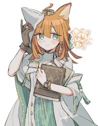 Rule 34 | 1girl, ahoge, animal ears, arknights, arm up, blush stickers, book, brown gloves, chibi, closed mouth, commentary request, cowboy shot, dress, earrings, gloves, green dress, green eyes, grey dress, hand on own ear, highres, holding, holding book, jewelry, papyrus (arknights), simple background, single glove, solo, standing, sushi no ark, twitter username, white background
