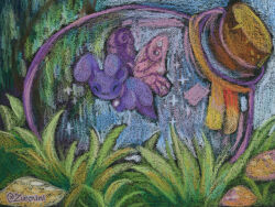 Rule 34 | aisha (neopets), animal, animal focus, antennae, bottle, collar, commentary, cork, crayon (medium), creature, creature focus, english commentary, faerie neopet, fairy, fairy wings, glass bottle, grass, highres, in bottle, in container, neopet (creature), neopets, no humans, outdoors, traditional media, undersized animal, wings, zuccnini