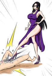 1boy 1girl ball_busting bare_arms bare_legs bdsm black_hair boa_hancock breasts cbt clothed_female_nude_male cum dress earrings ejaculation erection femdom hand_on_own_hip high_heels jewelry large_breasts legs long_dress long_hair long_skirt lying nude ocigart on_back one_piece penis skirt standing stepping_on_penis testicles thighs