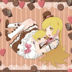 1girl absurdres blonde_hair blurry blurry_foreground border brown_background brown_hat brown_shoes brown_skirt buttons center_frills character_doll collared_shirt doll fang flipped_hair frills hair_flaps hat highres kneehighs lace lace_border layered_skirt long_hair mary_janes monogatari_(series) ornate_border oshino_shinobu pointy_ears shirt shishirui_san shoes skirt sleeveless sleeveless_shirt socks solo striped_background top_hat vertical-striped_background white_border white_shirt white_skirt white_socks yellow_eyes