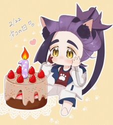 1boy animal_ears barefoot black_hair brown_eyes cake candle cat_boy cat_ears cat_tail chigiri_(_chigiri_) dated food hands_on_own_cheeks hands_on_own_face heart highres jacket kemonomimi_mode kieran_(pokemon) long_sleeves male_focus mole mole_on_neck multicolored_hair nintendo no_mouth pokemon pokemon_sv purple_hair red_tank_top short_hair shorts solo tail tank_top translation_request white_jacket white_shorts