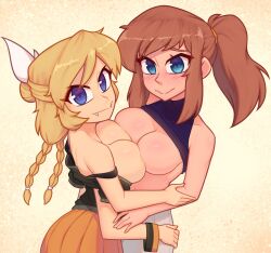 2girls a_hat_in_time aged_up blonde_hair blue_eyes blush breast_press breasts brown_hair commentary english_commentary fangs hat_kid highres multiple_girls nelly_(xyronii) no_bra original ponytail shirt sidelocks simple_background smile symmetrical_docking xyronii yuri