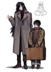 2boys aged_down cigarette coat full_body holding long_hair male_focus multiple_boys naruto_(series) naruto_shippuuden pants passion07253741 short_hair smoke uchiha_madara uchiha_obito