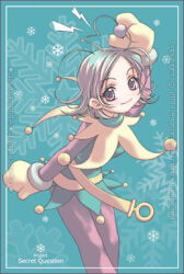 1girl antennae aqua_background artist_name belt border breasts collar commentary_request copyright_request cowboy_shot dated_commentary dress english_text green_collar green_dress jester jester_costume jpeg_artifacts korean_commentary lightning_bolt_symbol looking_at_viewer lowres medium_breasts medium_hair mittens pantyhose popcorn_kang purple_eyes purple_hair purple_pantyhose purple_sleeves sidelocks snowflakes solo watermark web_address white_border yellow_belt yellow_collar yellow_mittens