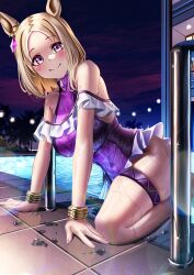 1girl absurdres animal_ears blonde_hair breasts commission gradient_eyes highres horse_ears horse_girl looking_at_viewer manjo_(warito) multicolored_eyes narita_top_road_(umamusume) night pixiv_commission pool short_hair smile solo swimsuit thigh_strap umamusume wet