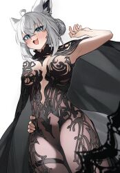 1girl :3 :d absurdres ahoge alternate_costume animal_ears aqua_eyes armpits black_cape blush breasts cape chronopattern_dress facing_viewer fang fox_ears fox_girl from_below hair_between_eyes hair_bun hand_on_own_hip hand_up highres hololive looking_at_viewer looking_down meme_attire mr_thecatman open_mouth see-through_clothes shirakami_fubuki skindentation smile thigh_gap thigh_strap thighs virtual_youtuber white_background white_hair