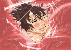 1girl blush breasts brown_eyes brown_hair digestion nipples nude open_mouth restrained short_hair tears vore wet yoikuma