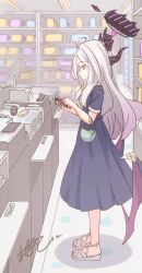 1girl absurdres ahoge alternate_costume anchobi bag blue_archive blue_dress closed_mouth demon_girl demon_horns demon_wings dress forehead from_side highres hina_(blue_archive) holding holding_bag holding_wallet horns long_hair purple_eyes sandals shop sidelocks wallet white_bag white_hair white_sandals wings