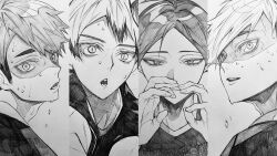Rule 34 | 3 surugi, 4boys, adam&#039;s apple, arms up, brothers, commentary request, fingernails, greyscale, haikyuu!!, hair between eyes, highres, kita shinsuke, looking at viewer, looking to the side, lower eyelashes only, male focus, miya atsumu, miya osamu, monochrome, multiple boys, open mouth, parted bangs, shirt, siblings, sideways glance, slit pupils, sportswear, suna rintarou, sweat, teeth, thick eyebrows, twins, upper body, upper teeth only, v-neck, very sweaty, volleyball uniform