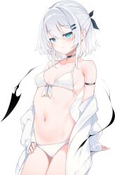 1girl bikini black_choker blue_eyes breasts choker highres looking_at_viewer navel original otokuyou ringo-chan_(otokuyou) short_hair simple_background small_breasts solo swimsuit white_background white_bikini white_hair