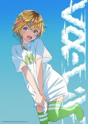 1girl absurdres blonde_hair colored_inner_hair green_thighhighs highres idolmaster idolmaster_va-liv letora_(idolmaster) multicolored_hair no_pants official_art roots_(hair) short_hair smile thighhighs