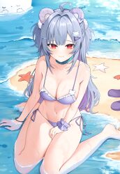 1girl :3 absurdres ahoge animal_ears arm_support armband bare_shoulders bikini black_armband blue_collar blue_nails blush breasts cleavage collar collarbone colored_inner_hair day fish frilled_bikini frills grey_hair hair_intakes hair_ornament hairclip hand_between_thighs highres large_breasts long_hair looking_at_viewer multicolored_hair nail_polish navel norisukexxy ocean on_ground original partially_submerged purple_bikini purple_hair purple_sandals purple_scrunchie red_eyes sandals scrunchie shallow_water side-tie_bikini_bottom sitting smile solo starfish stomach swimsuit thighs triangle_hair_ornament unworn_sandals very_long_hair wariza water water_drop_hair_ornament waves wet