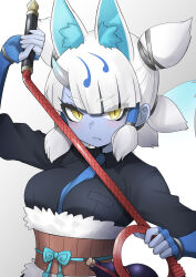 1girl :&lt; animal_ears belt black_shirt blue_gloves blue_necktie blue_skin blush bracelet brown_belt collared_shirt colored_skin elbow_gloves extra_ears fingerless_gloves fox_ears fox_girl fur_trim ginkaku_(kemono_friends) gloves gourd hair_tubes highres horns jewelry kemono_friends kemono_friends_3 long_sleeves looking_at_viewer necktie quad_tails shikirisu457 shirt short_hair short_twintails single_horn slit_pupils solo twintails upper_body whip white_fur white_hair yellow_eyes