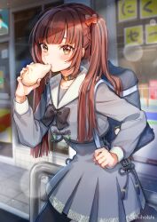 1girl absurdres artist_name bag steamed_bun biting black_bow black_bowtie blurry blush bokeh bow bowtie breasts brown_eyes brown_hair choker closed_mouth collarbone cowboy_shot day depth_of_field eating food grey_shirt grey_skirt hair_bow hair_ornament hand_up highres holding holding_food long_hair long_sleeves looking_at_viewer orange_bow original outdoors pleated_skirt railing sailor_collar school_bag school_uniform second-party_source serafuku shade shinishi_chiho shirt skirt small_breasts solo string twintails twitter_username white_sailor_collar