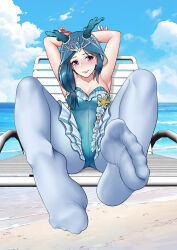 Rule 34 | absurdres, armpits, arms behind head, beach, beach chair, blue eyes, blue hair, blue pantyhose, blush, breasts, chair, cloud, cloudy sky, day, feet, fiona gilman, foot focus, frilled one-piece swimsuit, frills, greek toe, highres, hood, horned hood, horns, identity v, lipstick, long hair, makeup, no shoes, ocean, oirin, one-piece swimsuit, pantyhose, pantyhose under swimsuit, sky, smile, soles, swimsuit, thighs, toes