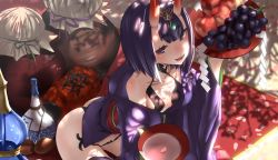 1girl :d alcohol aqua_gemstone armor ass bare_shoulders black_panties blue_gemstone blunt_bangs breasts breasts_apart chinese_lantern choker collarbone cup dappled_sunlight day detached_sleeves eyeshadow fangs fate/grand_order fate_(series) female_focus food fruit gem gourd grapes hand_up headpiece highres holding holding_cup holding_plate horns jewelry lantern long_sleeves makeup mascara navel oni open_mouth outdoors panties peach petals plate purple_eyes purple_hair revealing_clothes sakazuki sake short_hair shuten_douji_(fate) sitting small_breasts smile solo sunlight teeth thick_eyebrows thong tsuuhan underwear wariza wide_sleeves