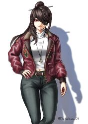 1girl alternate_costume anchor_necklace beidou_(genshin_impact) beidou_(mcdonalds)_(genshin_impact) belt black_pants brown_belt brown_hair collarbone denim eyepatch genshin_impact hair_bun hair_ornament hair_stick halter_shirt halterneck hand_on_own_hip highres jacket jeans jewelry leather leather_jacket long_hair looking_at_viewer necklace official_alternate_costume one_eye_covered pants parted_lips red_jacket shadow shirt single_hair_bun sleeves_past_wrists smile solo sumakun turtleneck turtleneck_shirt twitter_username white_shirt