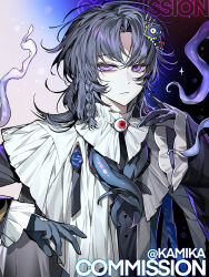 1girl anime_screenshot backlighting blending braid coat constricted_pupils dark_background disdain frilled_sleeves frills gloves glowing glowing_eyes grey_hair hair_ornament hair_over_one_eye high_collar highres jewelry kamika light_particles lineart long_hair long_sleeves looking_at_viewer messy_hair multicolored_hair neck_ruff original parted_bangs pendant portrait purple_eyes purple_hair serious shirt sidelocks single_braid sleeve_cuffs solo_focus sparkle tentacles two-tone_hair upper_body vignetting