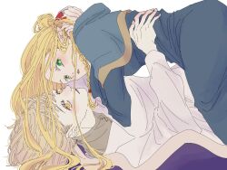 2girls blonde_hair braid conniepkmn dungeon_meshi falin_touden falin_touden_(tallman) green_eyes hug looking_at_viewer lying marcille_donato multiple_girls on_back yuri